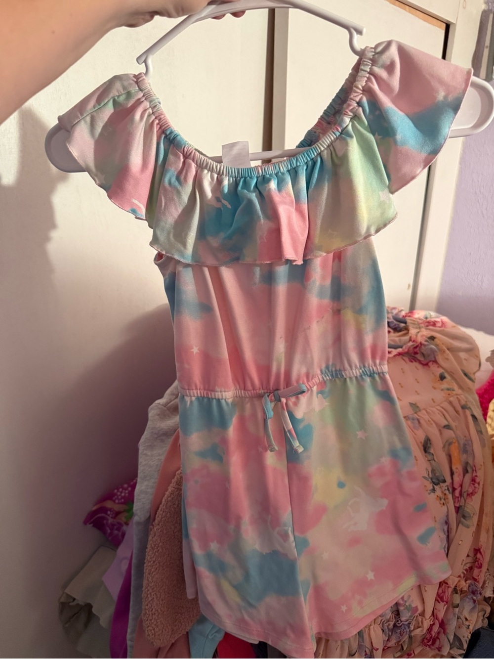 Girls Off-Shoulder Pastel Tie-Dye Dress